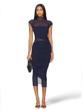 NWT SEROYA ‘Tabitha’ Mesh Ruched Midi Dress - Sapphire Blue - XS